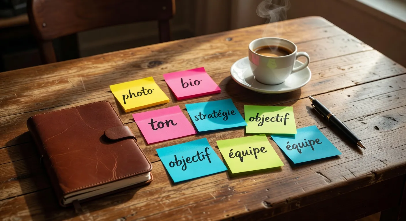 Bureau de coach avec post-it, carnet et stylo, lumière chaude