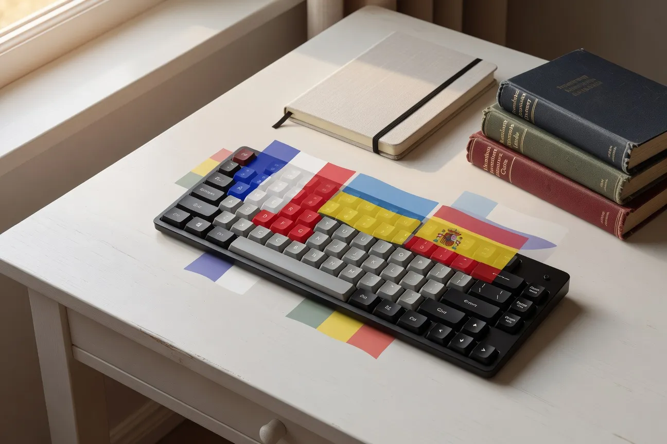 Clavier d'ordinateur avec drapeaux français, russe, ukrainien et espagnol superposés en transparence