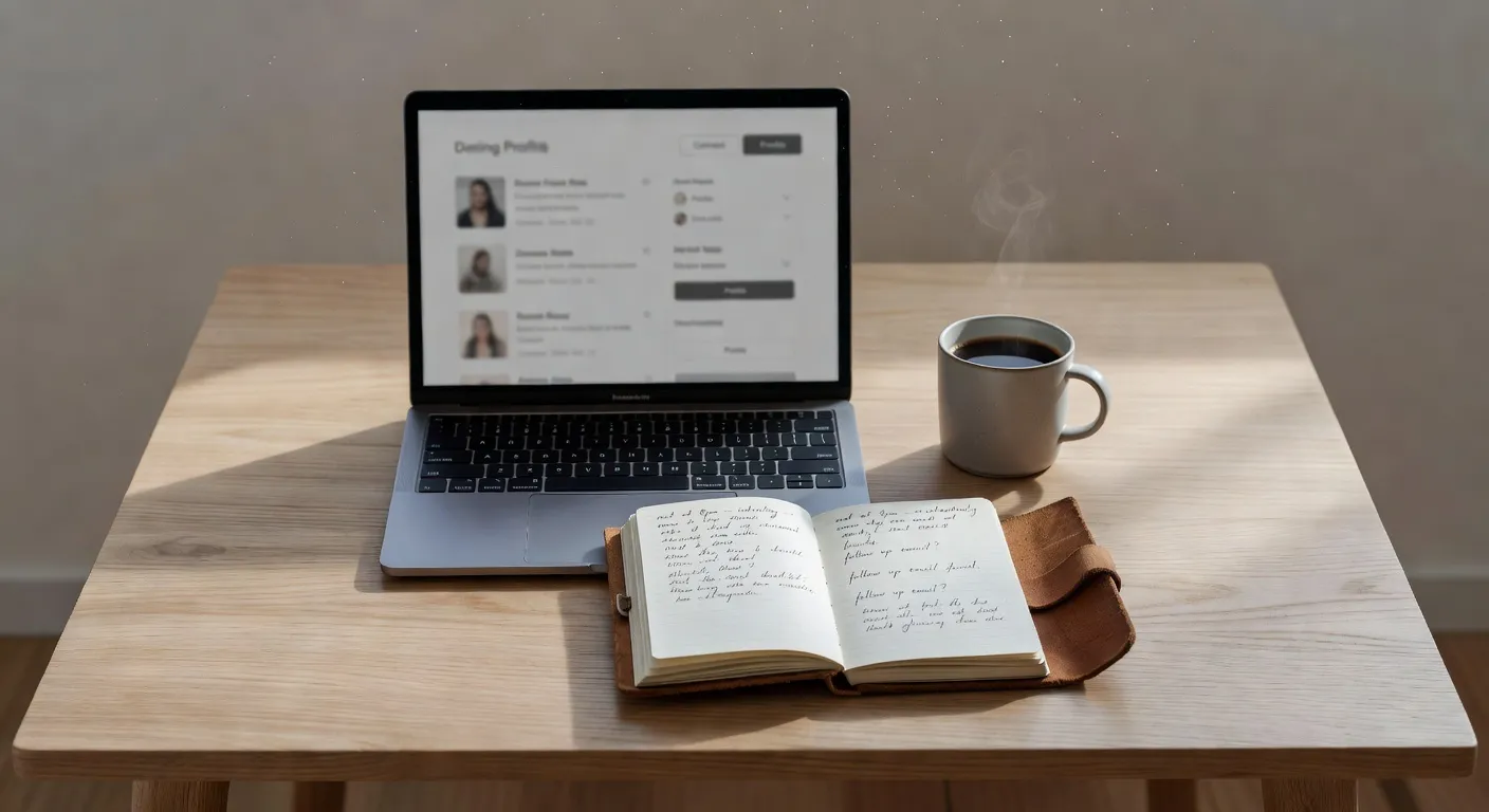 Bureau éditorial avec un ordinateur portable affichant un profil de rencontre et un carnet de notes