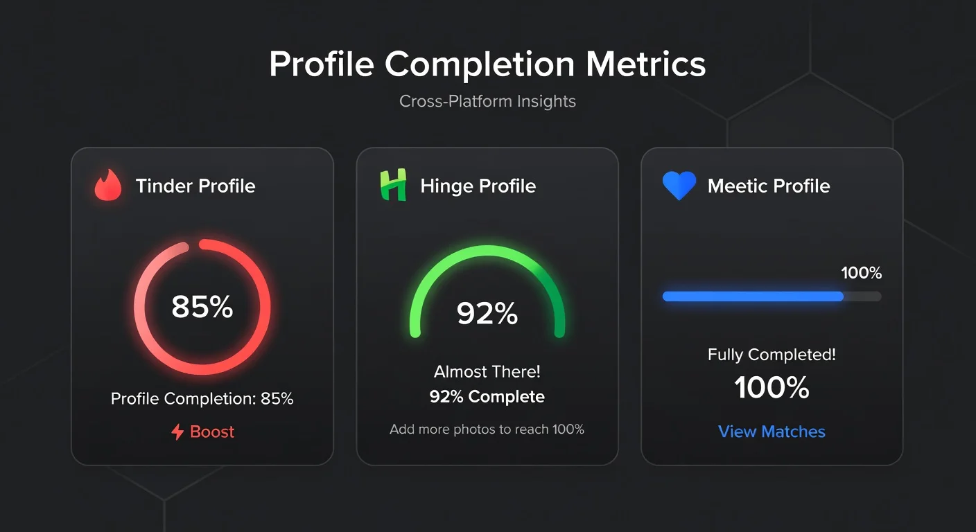 Interface stylisée Tinder, Hinge et Meetic avec indicateurs de profil