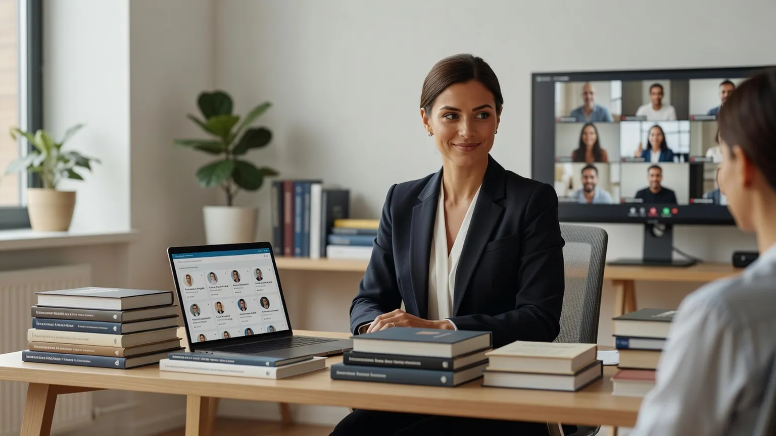 Bureau d'une traductrice avec dictionnaires bilingues et profil de rencontre a adapter