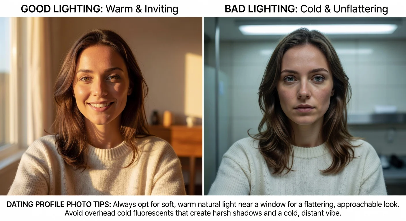 Comparaison bonne vs mauvaise lumière en photo de profil de rencontre