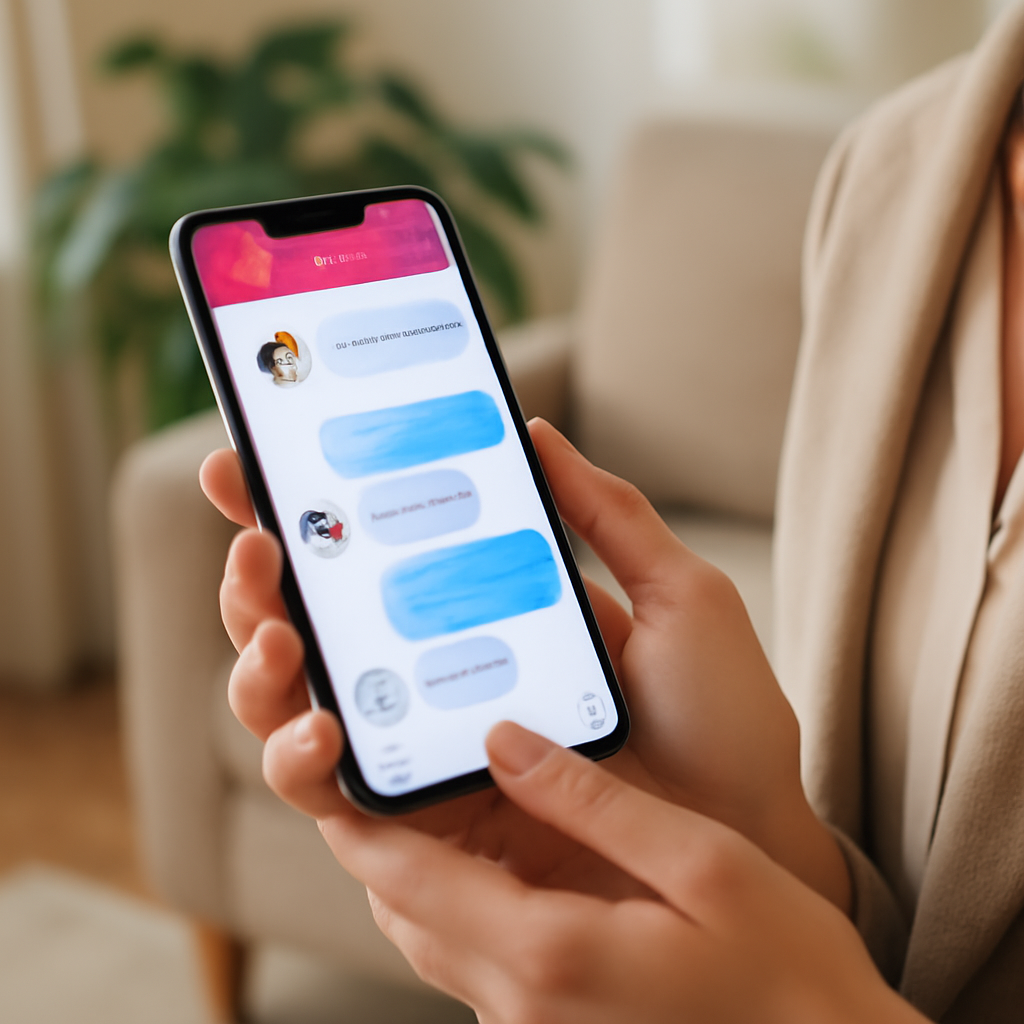 femme élégante lisant un message sur son smartphone dans un salon lumineux, expression attentive et souriante