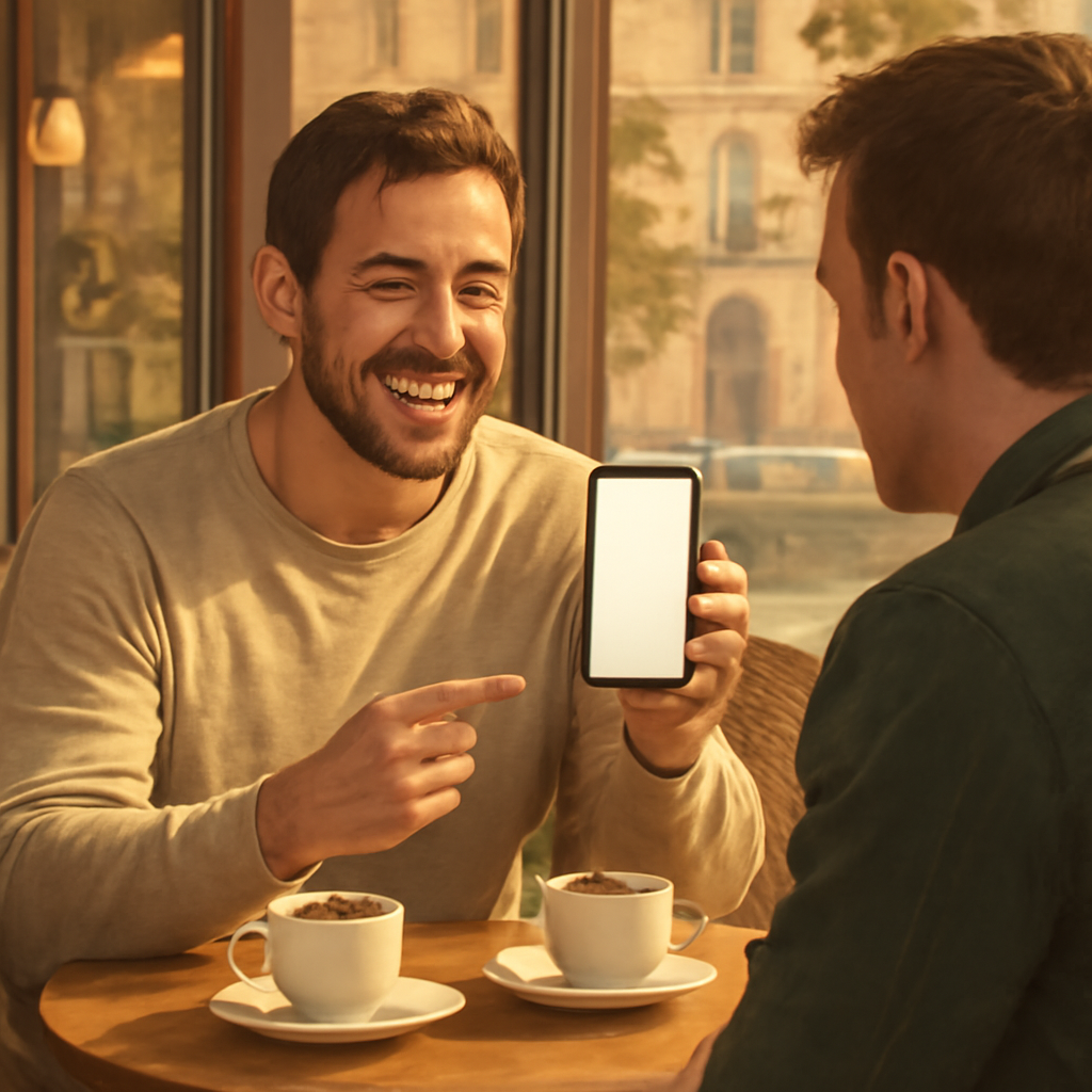 homme souriant montrant l'écran de son téléphone à un ami dans un café parisien, ambiance conviviale