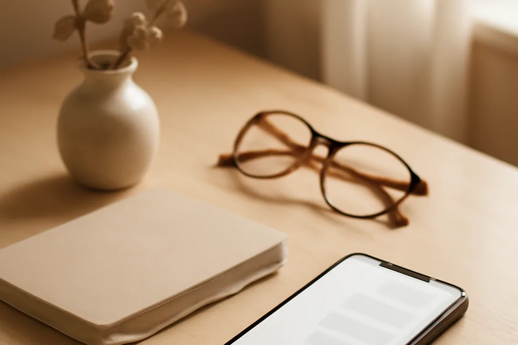 smartphone posé sur un bureau clair à côté d'un carnet fermé et d'une paire de lunettes, lumière matinale