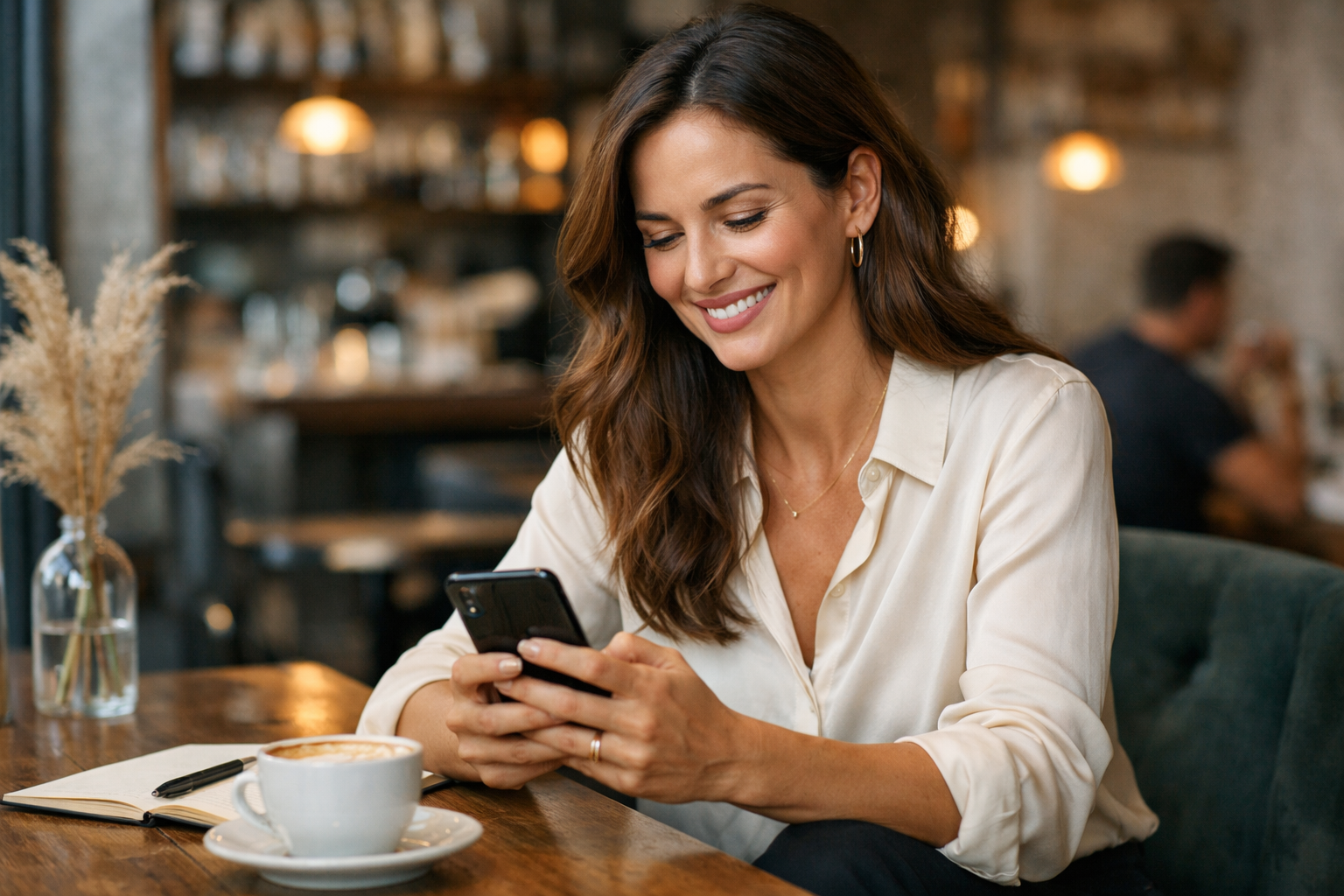 Scène lifestyle d'une femme souriante utilisant une application de rencontre dans un café